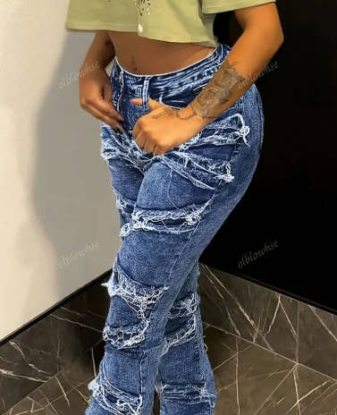 rendy Patchwork Washed Frilled Women's Jeans - Heavy-duty Washed Frilled Fashionable Denim Trousers with Mid-waist And Hip-lifting Design, Elastic Fabric For Strong Comfort