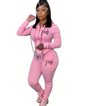 Fall/Winter Cross-border European Women'S Clothing With Embroidery And Solid Color. Pure Color Suit With Unique Zipper Design. Two-piece Set Of Sweatshirt.