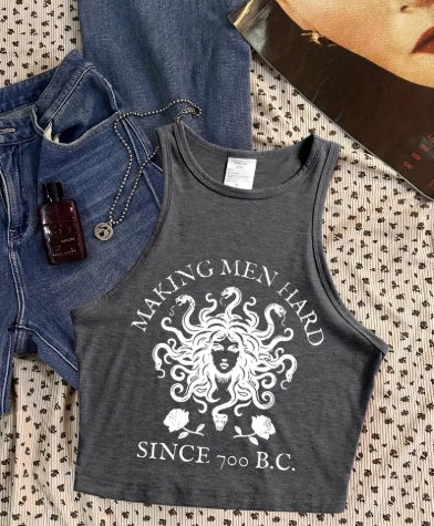 Women's Greek Mythology Medusa & Greek Key Cropped Tank Top - Grey Sleeveless Shirt, Casual All-Season Wear, Wrinkle-Resistant Round Neck Blouse (Medusa Print Vest) for Jeans & Dresses - Machine Washable Greek Goddess Style