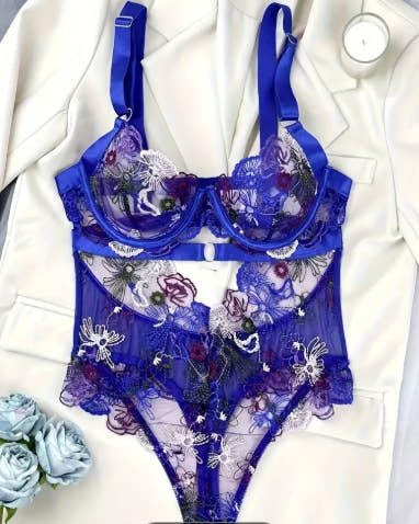 2pcs Set Of Colorful Erotic Lingerie with Embroidery, Sexy French Lace, Steel Ring Gathering, Waist Shaping, And Tight Fitting Clothes