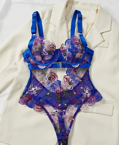 2pcs Set Of Colorful Erotic Lingerie with Embroidery, Sexy French Lace, Steel Ring Gathering, Waist Shaping, And Tight Fitting Clothes