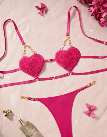 2pcs Elegant Red Heart Lace Lingerie Set - Sexy Strapless Bra with Golden Chain & Thong, Medium Support, No Padding, Adult Novelty Wear, Adult Lingerie|Elegant Lingerie Set|Strapless Bra