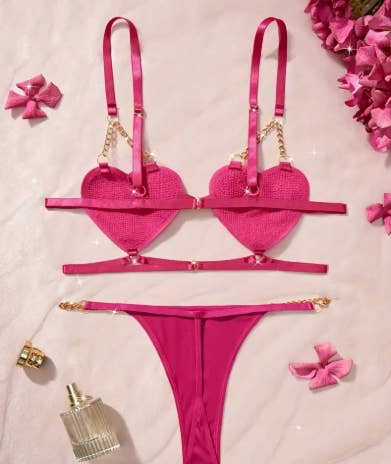 2pcs Elegant Red Heart Lace Lingerie Set - Sexy Strapless Bra with Golden Chain & Thong, Medium Support, No Padding, Adult Novelty Wear, Adult Lingerie|Elegant Lingerie Set|Strapless Bra