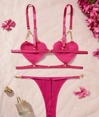2pcs Elegant Red Heart Lace Lingerie Set - Sexy Strapless Bra with Golden Chain & Thong, Medium Support, No Padding, Adult Novelty Wear, Adult Lingerie|Elegant Lingerie Set|Strapless Bra