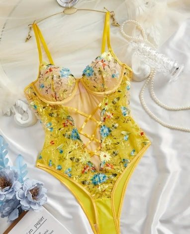 Women's Sexy Floral bodysuit - Transparent Mesh one-piece with Crossover Back Straps, Form-Fitting Low-Rise Outfit in Mustard-Yellow & Blue Floral Patterns for Parties, Dates, Everyday