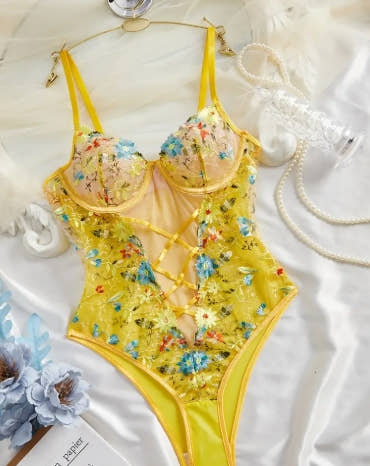 Women's Sexy Floral bodysuit - Transparent Mesh one-piece with Crossover Back Straps, Form-Fitting Low-Rise Outfit in Mustard-Yellow & Blue Floral Patterns for Parties, Dates, Everyday