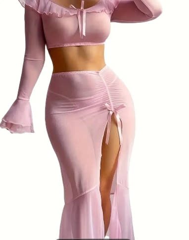 Sexy Pink Lingerie Set with V-Neck, High Slit, Pleated Design, All-Season Wear, Allseason Lingerie|Ruffled Lace Straps|Pleated Design, Lingerie Sets 11 sold Sold by Moonlit Dreaming Language