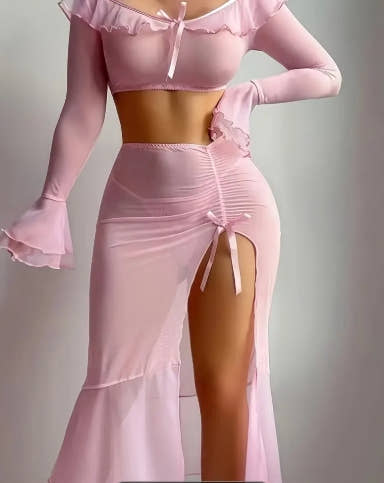 Sexy Pink Lingerie Set with V-Neck, High Slit, Pleated Design, All-Season Wear, Allseason Lingerie|Ruffled Lace Straps|Pleated Design, Lingerie Sets 11 sold Sold by Moonlit Dreaming Language
