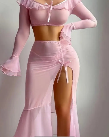 Sexy Pink Lingerie Set with V-Neck, High Slit, Pleated Design, All-Season Wear, Allseason Lingerie|Ruffled Lace Straps|Pleated Design, Lingerie Sets 11 sold Sold by Moonlit Dreaming Language