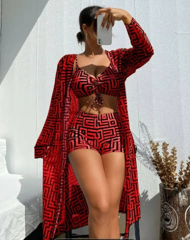 ZAFUL Red Fashion Geometric Bikini Set with Shawl, Women's Bikini Set And Sun Protection Gauze Three-piece Suit, Geometric Khaki Tie Four-cornered Pants Style Egyptian Flavor Bikini Three-piece Suit