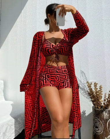 ZAFUL Red Fashion Geometric Bikini Set with Shawl, Women's Bikini Set And Sun Protection Gauze Three-piece Suit, Geometric Khaki Tie Four-cornered Pants Style Egyptian Flavor Bikini Three-piece Suit