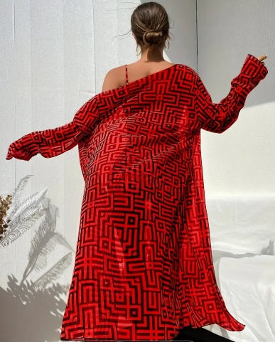 ZAFUL Red Fashion Geometric Bikini Set with Shawl, Women's Bikini Set And Sun Protection Gauze Three-piece Suit, Geometric Khaki Tie Four-cornered Pants Style Egyptian Flavor Bikini Three-piece Suit
