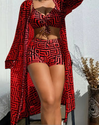 ZAFUL Red Fashion Geometric Bikini Set with Shawl, Women's Bikini Set And Sun Protection Gauze Three-piece Suit, Geometric Khaki Tie Four-cornered Pants Style Egyptian Flavor Bikini Three-piece Suit
