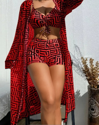 ZAFUL Red Fashion Geometric Bikini Set with Shawl, Women's Bikini Set And Sun Protection Gauze Three-piece Suit, Geometric Khaki Tie Four-cornered Pants Style Egyptian Flavor Bikini Three-piece Suit