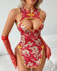 Sexy Lingerie Set for Halloween, Christmas & Holiday Gift - Red Brocade Qipao-Inspired Teddy. Plunging Cutout + Side Slit & Open Back, Bodycon Fit, Ideal for Festive Intimate Nights.