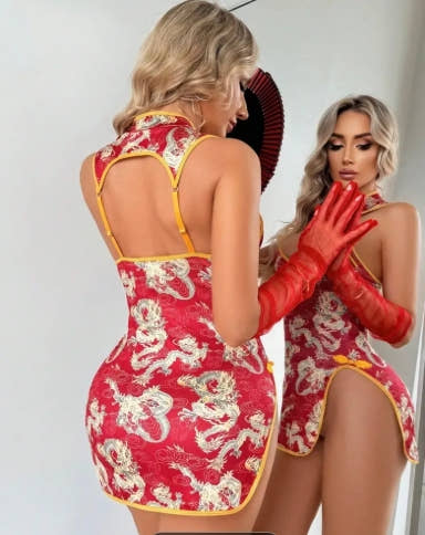 Sexy Lingerie Set for Halloween, Christmas & Holiday Gift - Red Brocade Qipao-Inspired Teddy. Plunging Cutout + Side Slit & Open Back, Bodycon Fit, Ideal for Festive Intimate Nights.