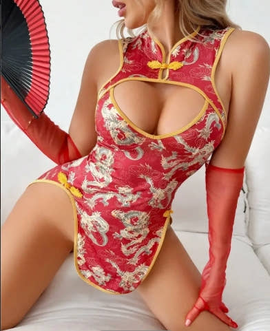 Sexy Lingerie Set for Halloween, Christmas & Holiday Gift - Red Brocade Qipao-Inspired Teddy. Plunging Cutout + Side Slit & Open Back, Bodycon Fit, Ideal for Festive Intimate Nights.