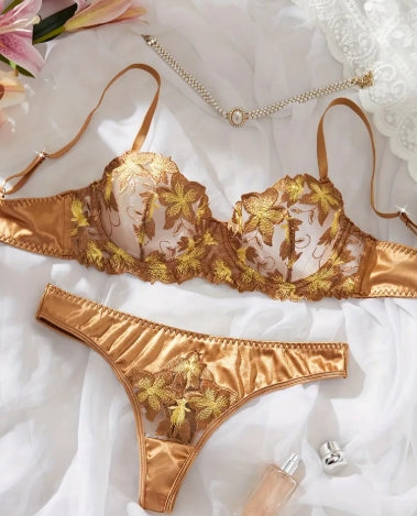 Bronze Flower Embroidered Women'S Lingerie Set, Semi-Sheer Underwire Bra And Satin