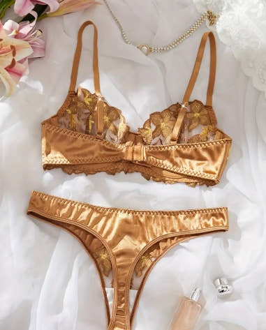 Bronze Flower Embroidered Women'S Lingerie Set, Semi-Sheer Underwire Bra And Satin