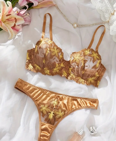 Bronze Flower Embroidered Women'S Lingerie Set, Semi-Sheer Underwire Bra And Satin