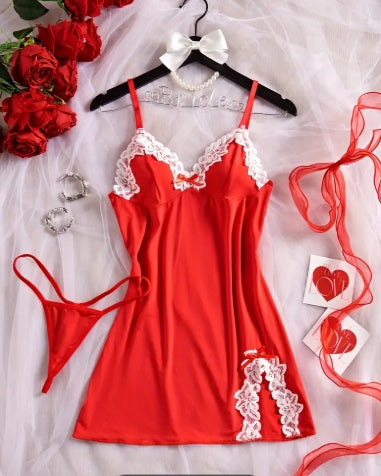 Women'S Sexy Lace Nightgown, Hollow V-neck Pajamas, Side Slits, Ruffled Hem, Slim Lingerie Dress, Lightweight And Soft Fabric