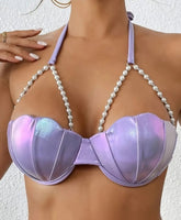 Sexy Petal Bikini One-Piece Swimsuit Solid Color Petal Cup Pearl Chain Underwire Bikini Top