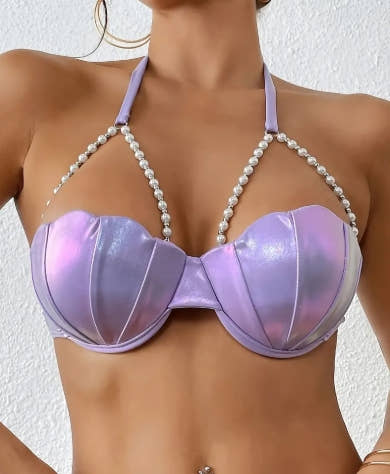 Sexy Petal Bikini One-Piece Swimsuit Solid Color Petal Cup Pearl Chain Underwire Bikini Top