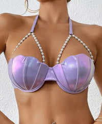 Sexy Petal Bikini One-Piece Swimsuit Solid Color Petal Cup Pearl Chain Underwire Bikini Top