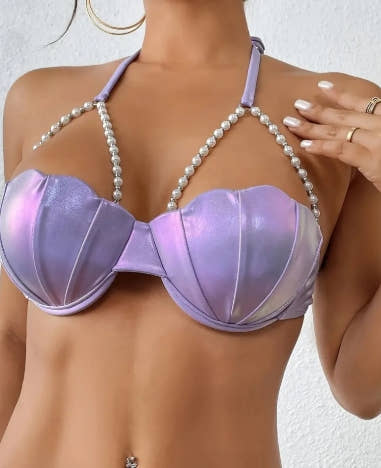 Sexy Petal Bikini One-Piece Swimsuit Solid Color Petal Cup Pearl Chain Underwire Bikini Top