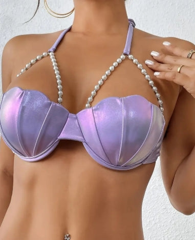 Sexy Petal Bikini One-Piece Swimsuit Solid Color Petal Cup Pearl Chain Underwire Bikini Top