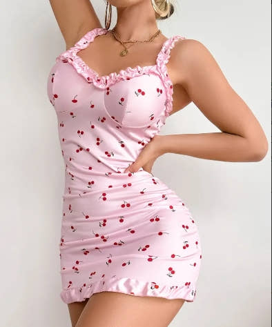 Women'S Sexy Cherry Print Pajamas - Ruched Bodycon Nightdress with Lettuce Trim & Ruffle Hem, Soft Pink Sleepwear, Sexy Lingerie Dress for Women,