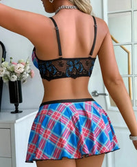 Women'S Sexy Plaid Print Pattern Lace Stitching Simple Fashion Role Play Lingerie Set 3pcs