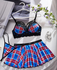Women'S Sexy Plaid Print Pattern Lace Stitching Simple Fashion Role Play Lingerie Set 3pcs