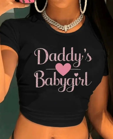 Womens Pure - Black Crop Top: Sweetheart Charm Black Crop Top Daddys Babygirl Edition - Perfect for Spring Summer and Fall Bold Statement Top Comfortable Stretchy Fit Love