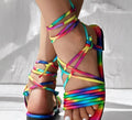 Women's Rainbow Ombre Crisscross Strap Sandals - Pastel to Neon Gradient Colors (Blue/Pink/Purple/Orange/Pink/Purple/Violet/) - Open Toe Flat sandals with Non-Slip Rubber Sole for Beach,