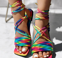 Women's Rainbow Ombre Crisscross Strap Sandals - Pastel to Neon Gradient Colors (Blue/Pink/Purple/Orange/Pink/Purple/Violet/) - Open Toe Flat sandals with Non-Slip Rubber Sole for Beach,