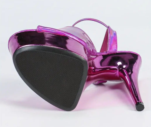 Women's Glossy Iridescent/Pink/Purple/Pink Glitter High-Heel Sandals - Shimmering Synthetic Narrow Toe Stiletto Heel with Arch & Buckle Strap