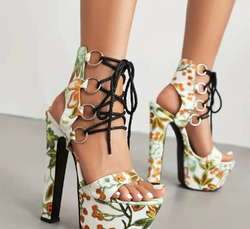 Women's Flower Pattern High Heel Sandals, Fashion Open Toe Dress Pumps