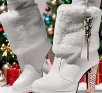 Women'S Rhinestone Tassel Fuzzy Lined Boots with Plush Faux Fur Lining, Chunky Heel & Pointed Toe - Sparkling Rhinestone Ankle Boots with Zipper