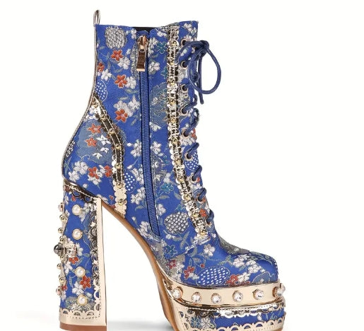 Embroidered Fabric, Thick High Heels, Short Boots
