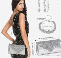0Pcs Silvery Rhinestone Jewelry Set for Women Bride Wedding Prom Jewelry Evening Rhinestone Sparkly Clutch Purse Bag Necklace Tennise Layered Bracelets CZ Ring Crystal Drop Earring Set Silvery Shiny Costume Kit