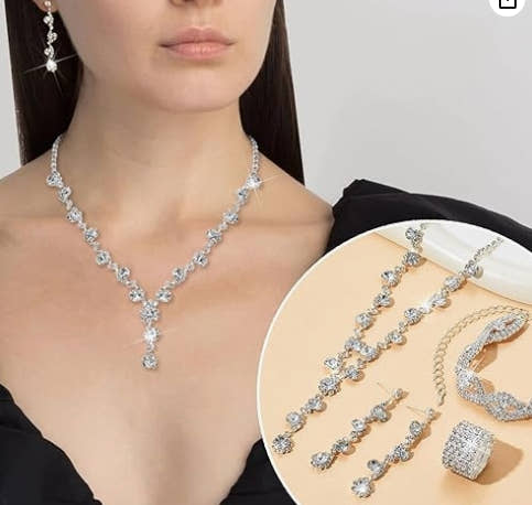 0Pcs Silvery Rhinestone Jewelry Set for Women Bride Wedding Prom Jewelry Evening Rhinestone Sparkly Clutch Purse Bag Necklace Tennise Layered Bracelets CZ Ring Crystal Drop Earring Set Silvery Shiny Costume Kit