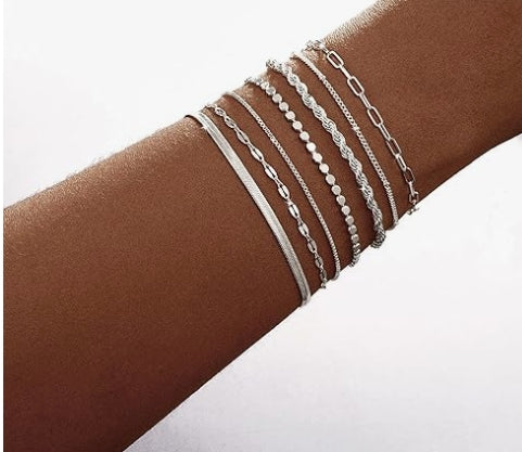 Kyerlyn Silver Bracelets for Women Trendy Waterproof Silver Dainty Bracelet Stack Adjustable Layered Bracelet Set Minimalist Fashion Jewelry
