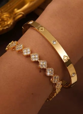 UILZ Delicate Lucky Clover Women Bracelet High Quality Stainless Steel Morandi Colors Shining Zircon Inlaid Charm Jewelry Gift