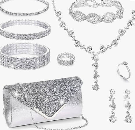 0Pcs Silvery Rhinestone Jewelry Set for Women Bride Wedding Prom Jewelry Evening Rhinestone Sparkly Clutch Purse Bag Necklace Tennise Layered Bracelets CZ Ring Crystal Drop Earring Set Silvery Shiny Costume Kit
