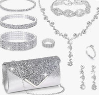 0Pcs Silvery Rhinestone Jewelry Set for Women Bride Wedding Prom Jewelry Evening Rhinestone Sparkly Clutch Purse Bag Necklace Tennise Layered Bracelets CZ Ring Crystal Drop Earring Set Silvery Shiny Costume Kit