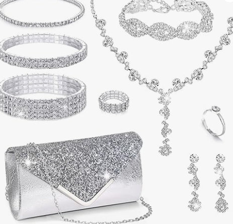 0Pcs Silvery Rhinestone Jewelry Set for Women Bride Wedding Prom Jewelry Evening Rhinestone Sparkly Clutch Purse Bag Necklace Tennise Layered Bracelets CZ Ring Crystal Drop Earring Set Silvery Shiny Costume Kit
