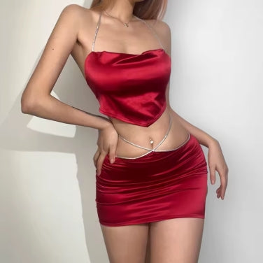 Sexy Women Halter Backless Crop Tops Red Half Skirt Set Solid Mini Dress Slim Wrap Hip Female Skirts Sets Two-Piece Dress